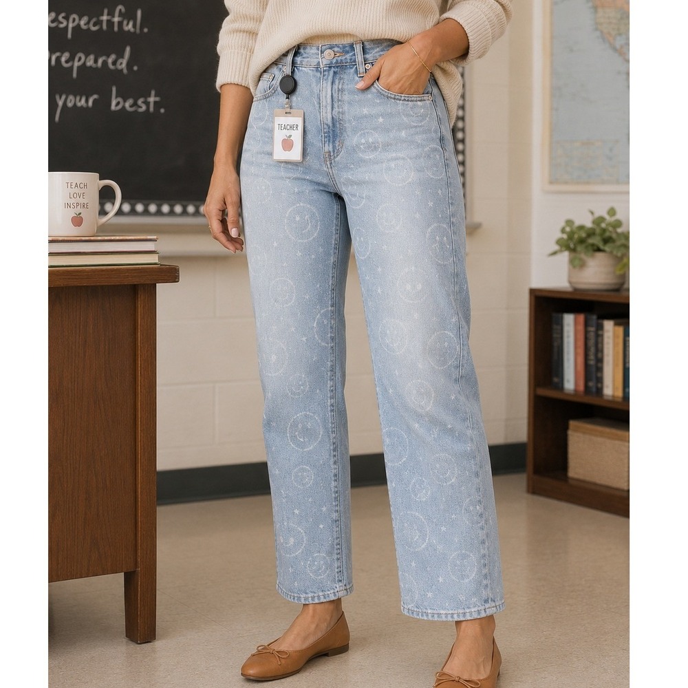 Fashion Nova Smiley Face Star Print High Rise Straight Leg Jeans Blue Size 5